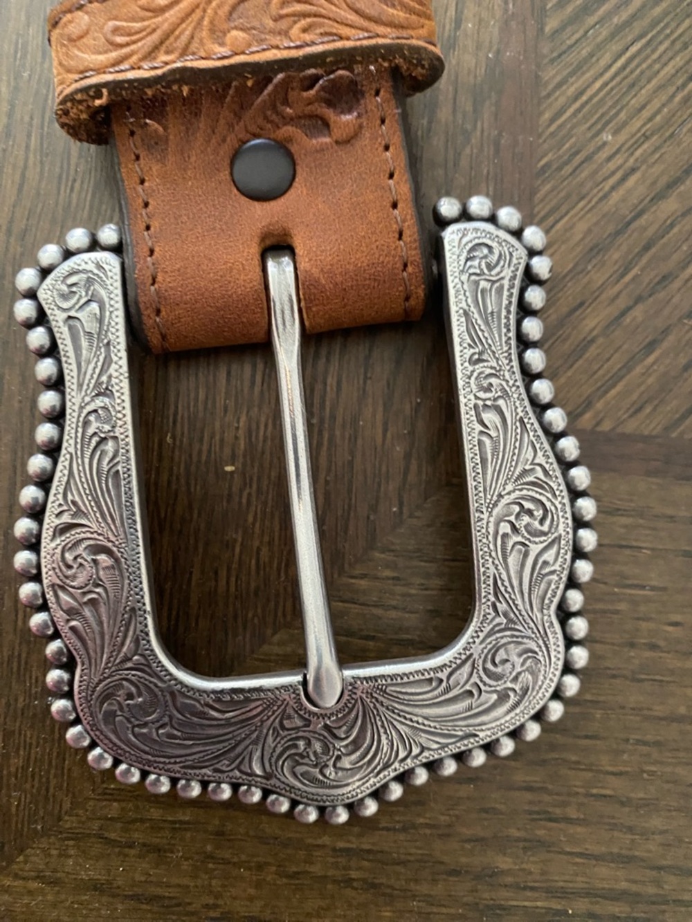 Tony Lama Tooled Brown Leather Belt with Engraved Silver Buckle - Picture 2 of 5